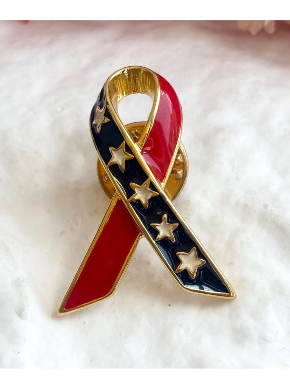 American Flag Patriotic Ribbon Post Back Red, White & Blue Vintage Gold T Pin